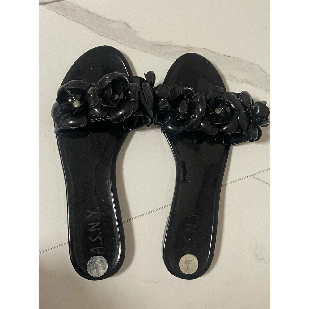 A.S.N.Y. Women's Black 3D Floral Jelly Slide Sandals